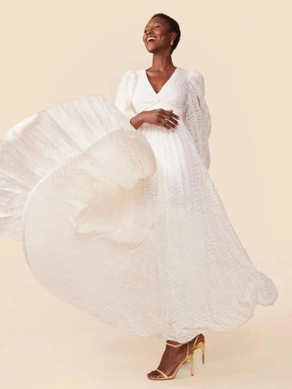 Deep V Neck Lantern Sleeve Burnout Jacquard Pleated Bodice Maxi Gown