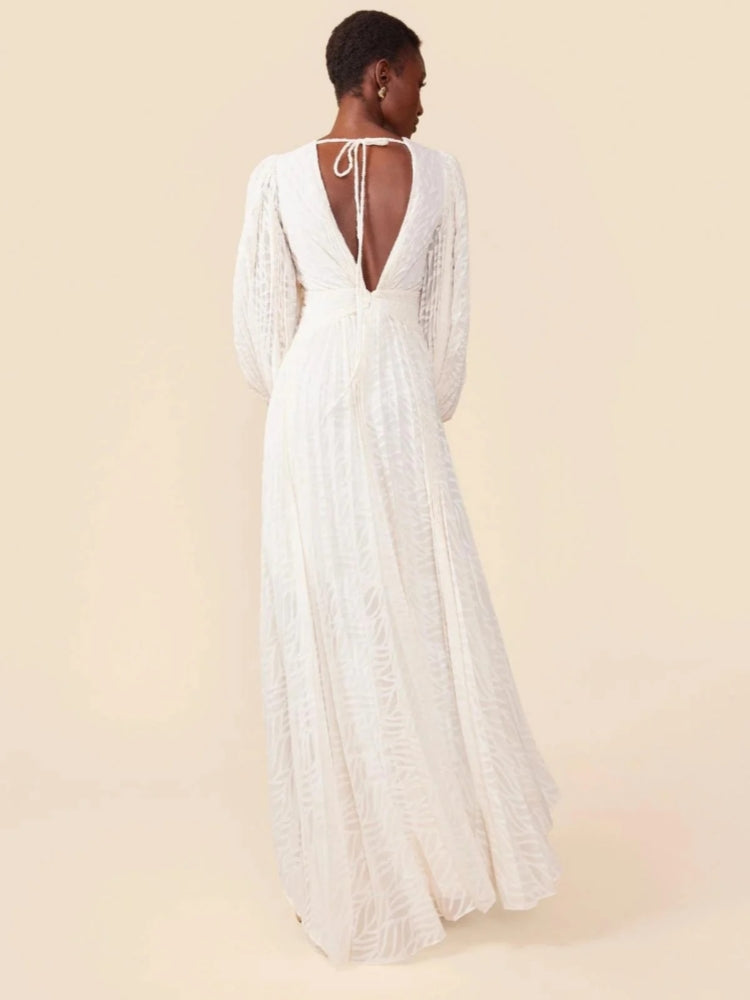 Deep V Neck Lantern Sleeve Burnout Jacquard Pleated Bodice Maxi Gown