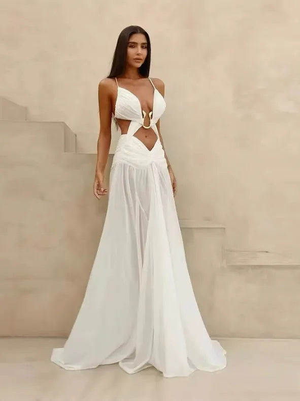 Mesh White Spaghetti Strap Hollow Out Dress