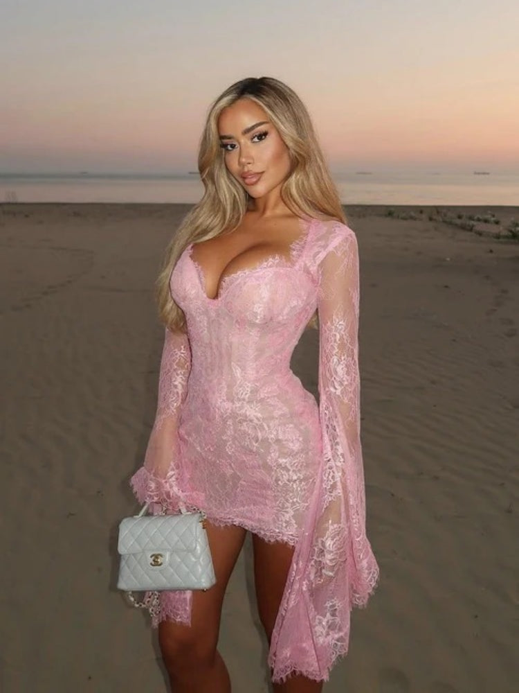 Sweetheart Corset Boning Floral Lace Bell Sleeve Eyelash Trim Mini Dress