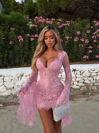Sweetheart Corset Boning Floral Lace Bell Sleeve Eyelash Trim Mini Dress