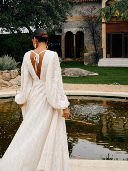 Deep V Neck Lantern Sleeve Burnout Jacquard Pleated Bodice Maxi Gown