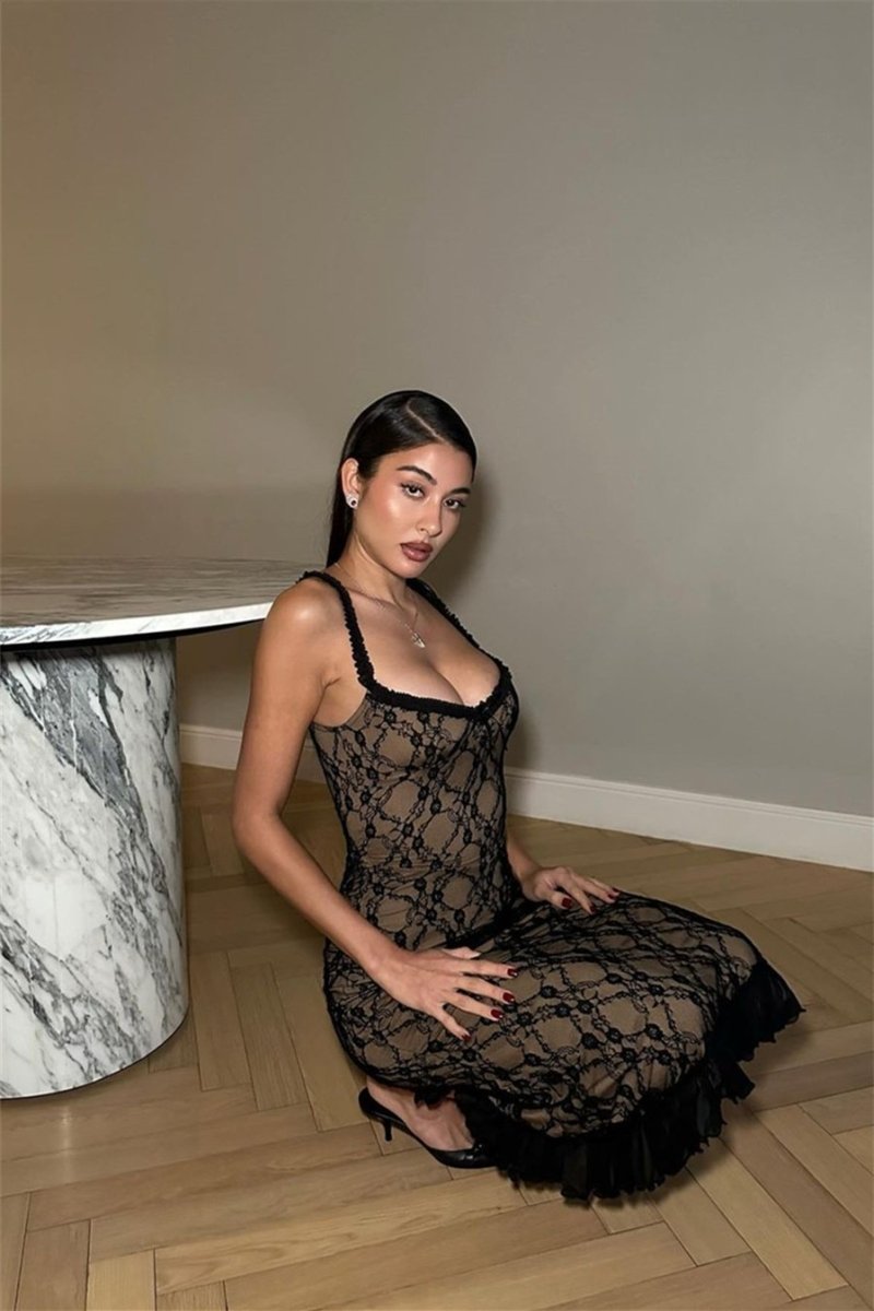 Floral Lace Overlay Scoop Neck Ruffle Strap Bow Detail Tiered Ruffle Hem Midi Dress