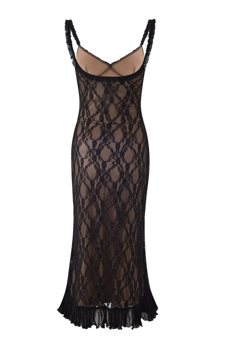 Floral Lace Overlay Scoop Neck Ruffle Strap Bow Detail Tiered Ruffle Hem Midi Dress