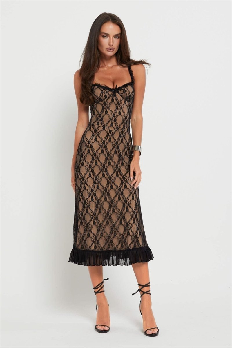 Floral Lace Overlay Scoop Neck Ruffle Strap Bow Detail Tiered Ruffle Hem Midi Dress