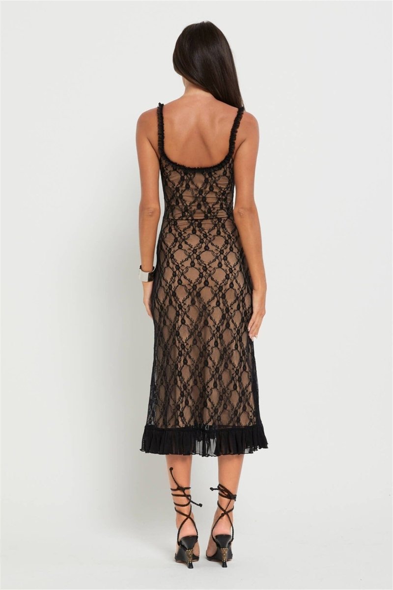 Floral Lace Overlay Scoop Neck Ruffle Strap Bow Detail Tiered Ruffle Hem Midi Dress
