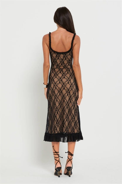 Floral Lace Overlay Scoop Neck Ruffle Strap Bow Detail Tiered Ruffle Hem Midi Dress