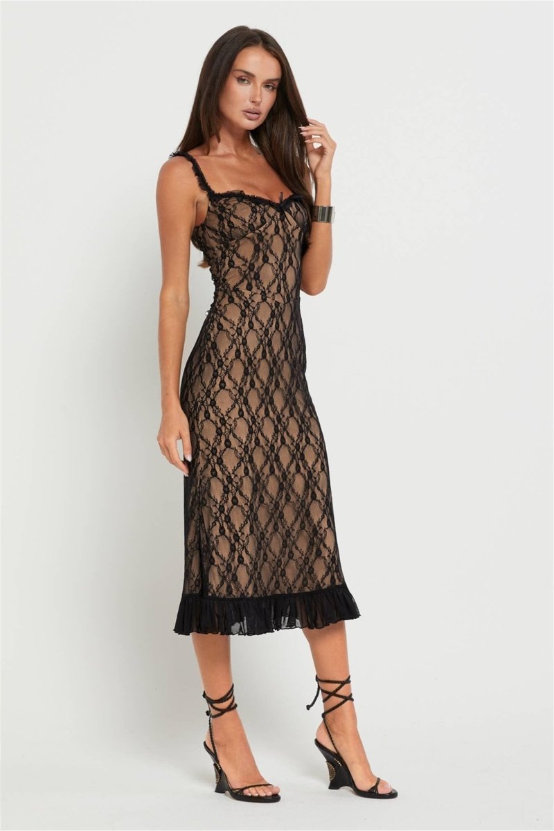 Floral Lace Overlay Scoop Neck Ruffle Strap Bow Detail Tiered Ruffle Hem Midi Dress