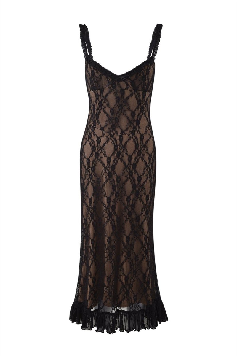 Floral Lace Overlay Scoop Neck Ruffle Strap Bow Detail Tiered Ruffle Hem Midi Dress