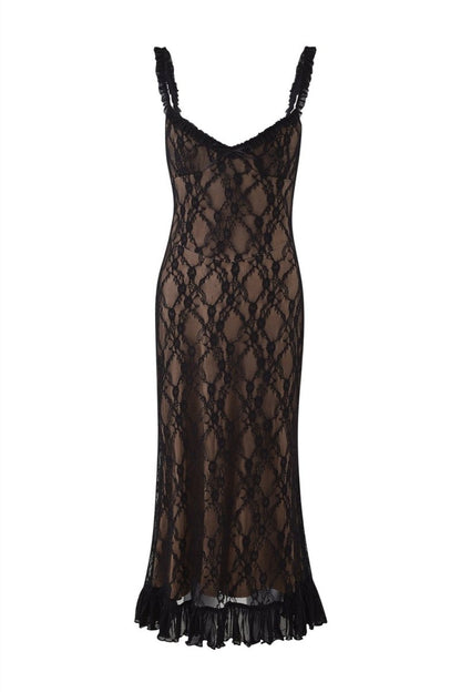 Floral Lace Overlay Scoop Neck Ruffle Strap Bow Detail Tiered Ruffle Hem Midi Dress