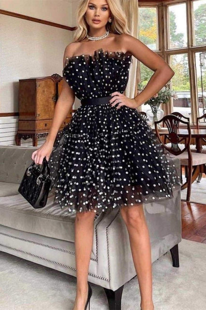Polka Dot Strapless Ruched Tulle Bodice Tiered Skater Mini Dress