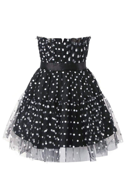 Polka Dot Strapless Ruched Tulle Bodice Tiered Skater Mini Dress
