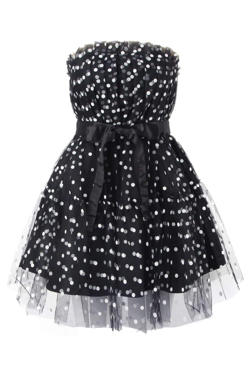Polka Dot Strapless Ruched Tulle Bodice Tiered Skater Mini Dress
