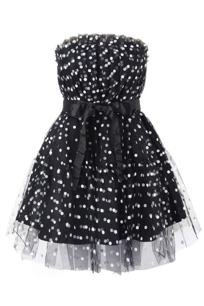 Polka Dot Strapless Ruched Tulle Bodice Tiered Skater Mini Dress