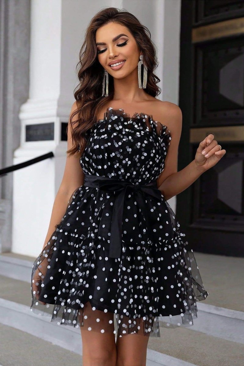 Polka Dot Strapless Ruched Tulle Bodice Tiered Skater Mini Dress