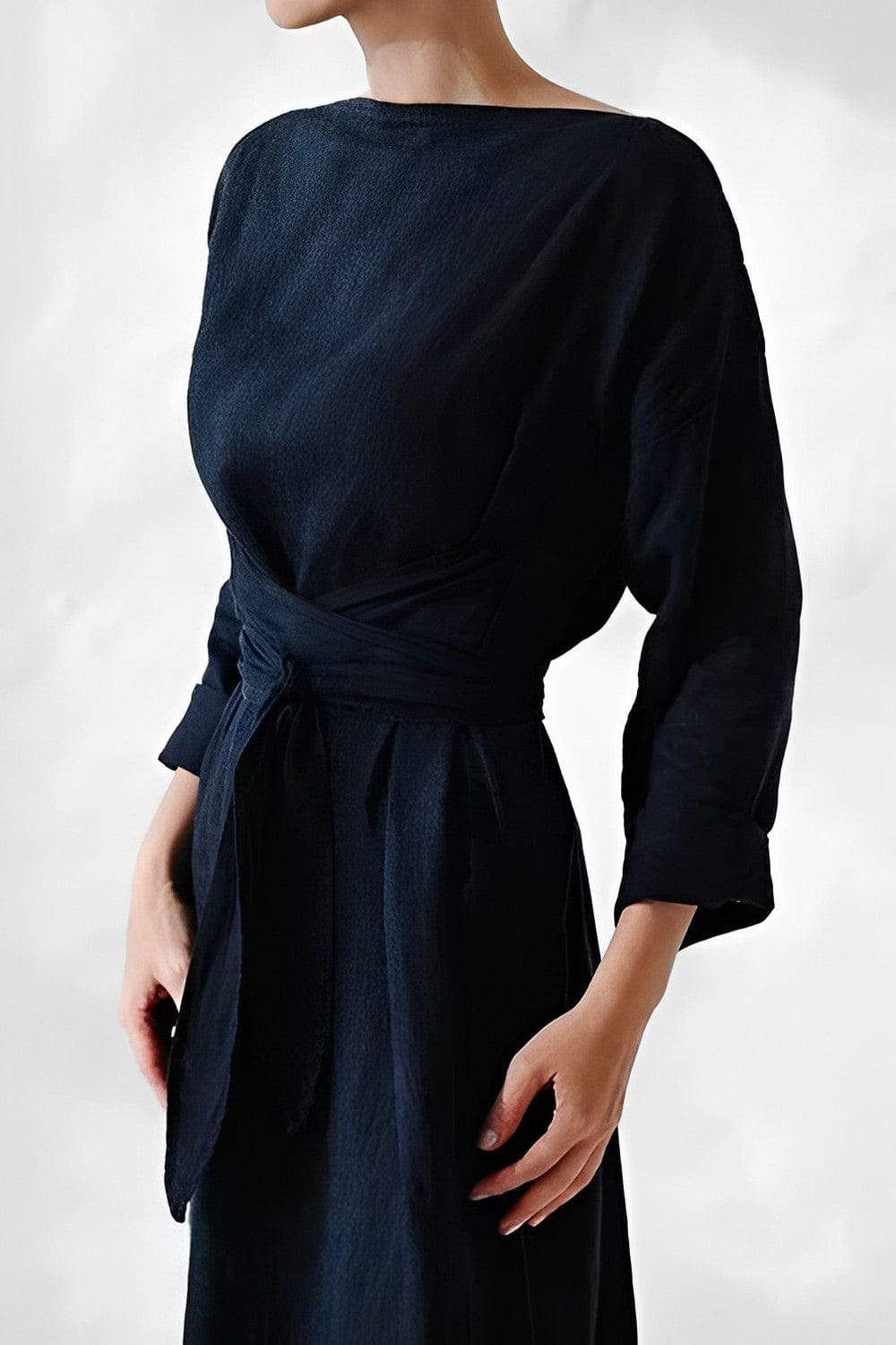 Boat Neck Wrap Tie Waist Bracelet Sleeve Textured Linen Midi Dress