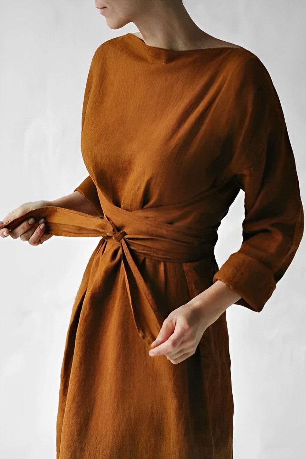 Boat Neck Wrap Tie Waist Bracelet Sleeve Textured Linen Midi Dress