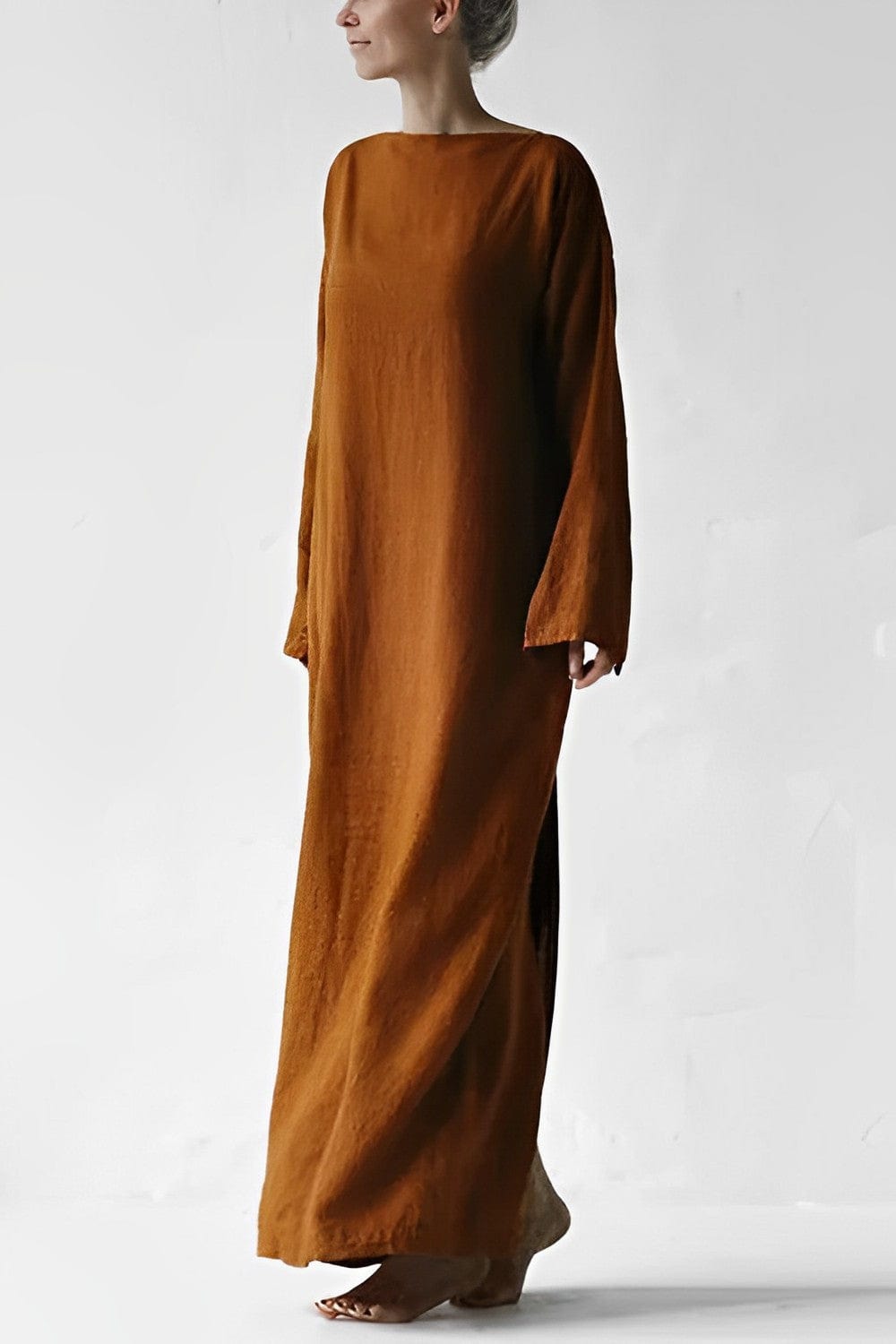 Boat Neck Wrap Tie Waist Bracelet Sleeve Textured Linen Midi Dress