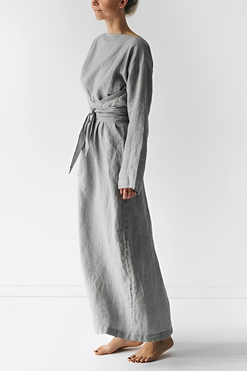 Boat Neck Wrap Tie Waist Bracelet Sleeve Textured Linen Midi Dress