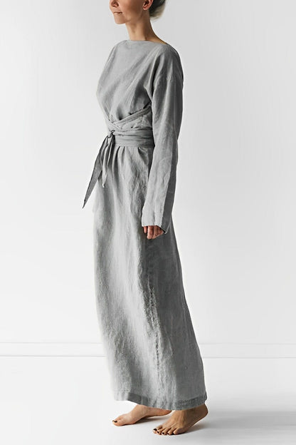 Boat Neck Wrap Tie Waist Bracelet Sleeve Textured Linen Midi Dress