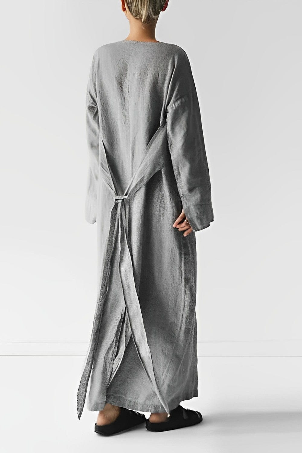 Boat Neck Wrap Tie Waist Bracelet Sleeve Textured Linen Midi Dress