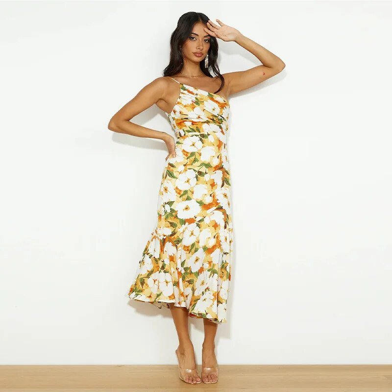 One Shoulder Asymmetric Floral Print Fluted Hem Midi Dress