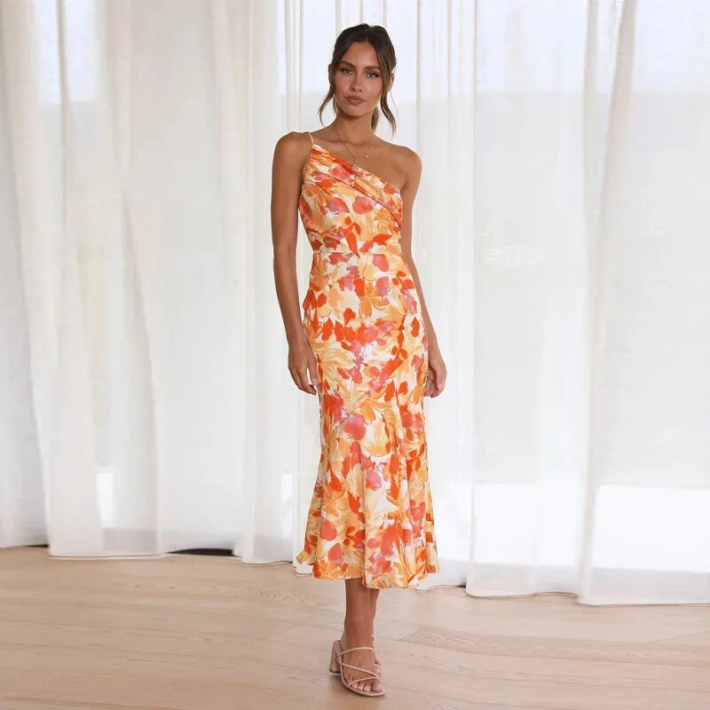 One Shoulder Asymmetric Floral Print Fluted Hem Midi Dress