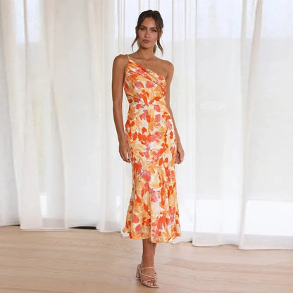 One Shoulder Asymmetric Floral Print Fluted Hem Midi Dress