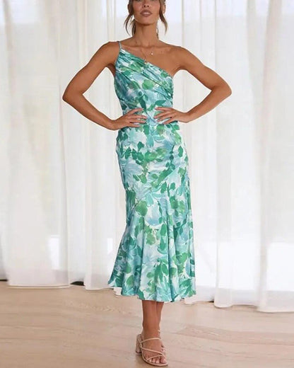 One Shoulder Asymmetric Floral Print Fluted Hem Midi Dress