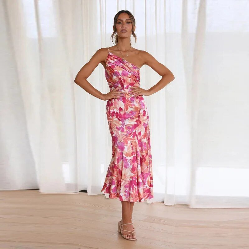 One Shoulder Asymmetric Floral Print Fluted Hem Midi Dress