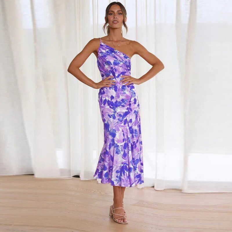 One Shoulder Asymmetric Floral Print Fluted Hem Midi Dress