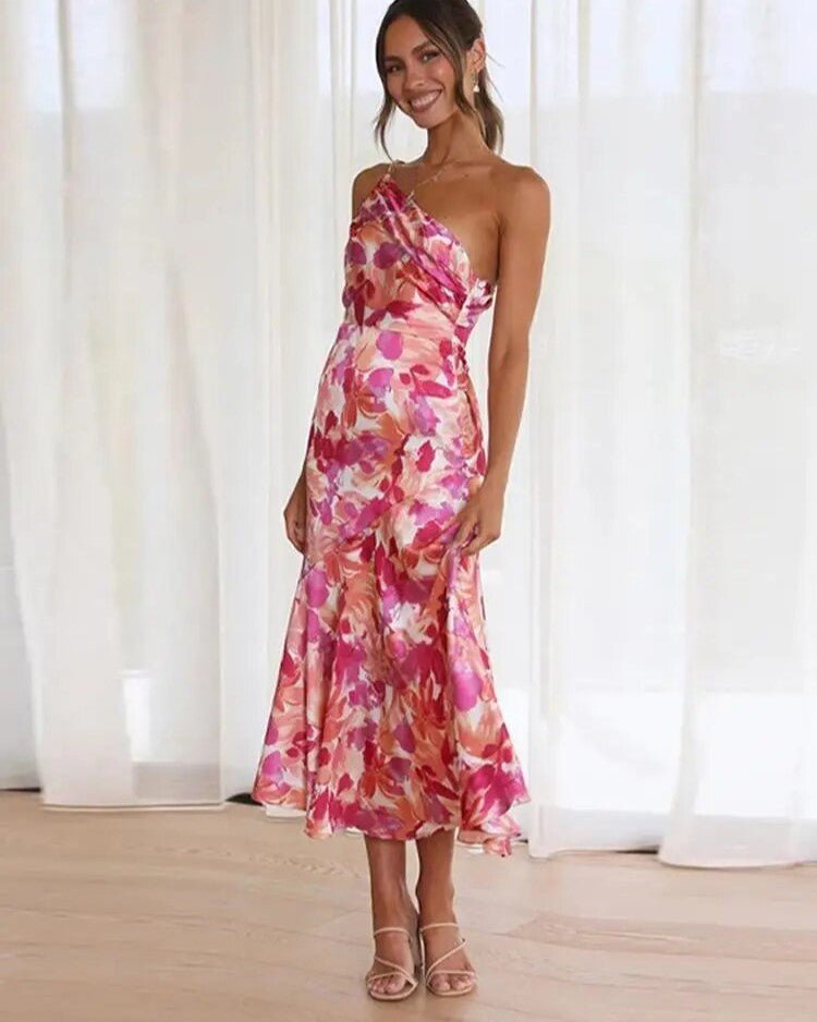 One Shoulder Asymmetric Floral Print Fluted Hem Midi Dress
