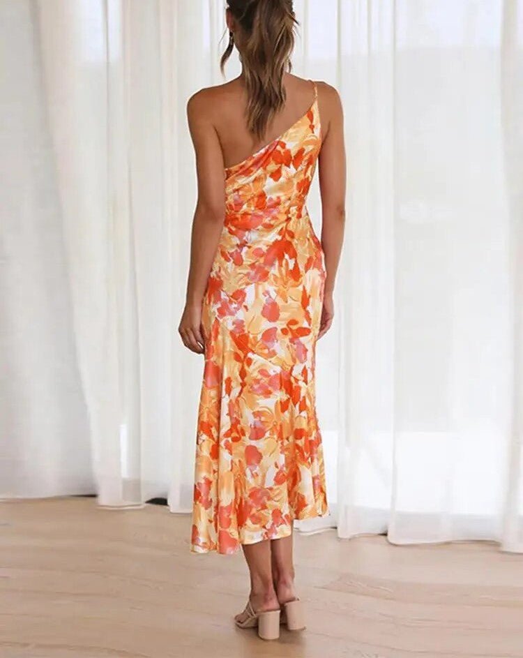 One Shoulder Asymmetric Floral Print Fluted Hem Midi Dress