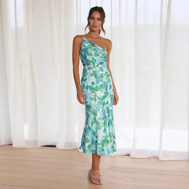 One Shoulder Asymmetric Floral Print Fluted Hem Midi Dress