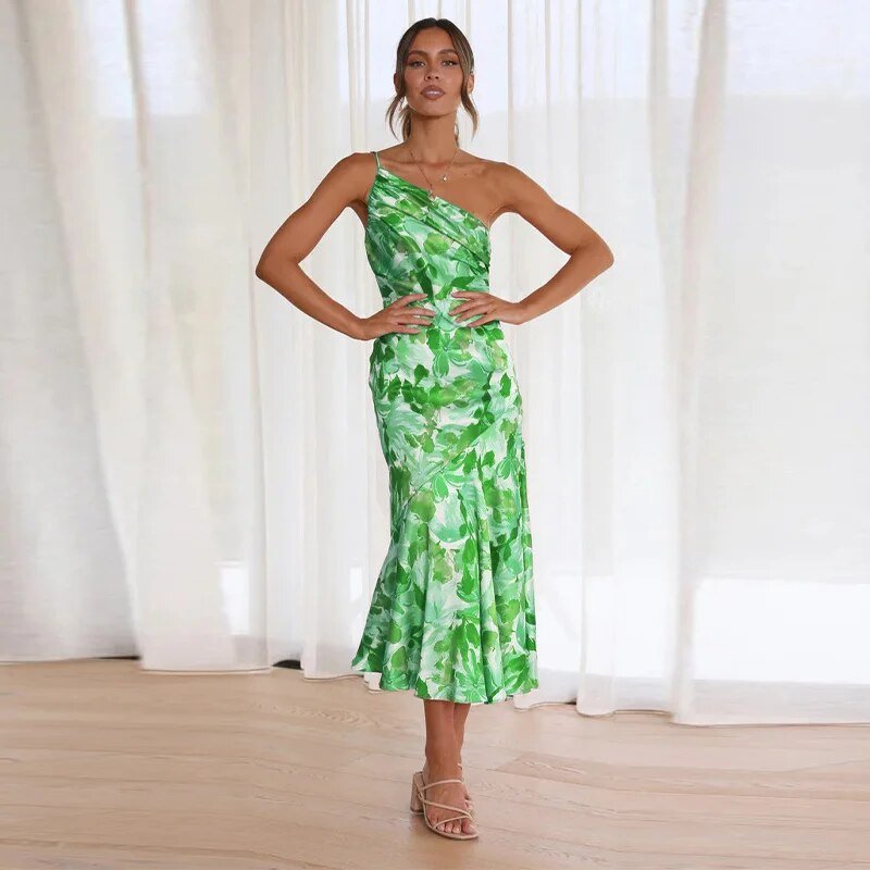 One Shoulder Asymmetric Floral Print Fluted Hem Midi Dress