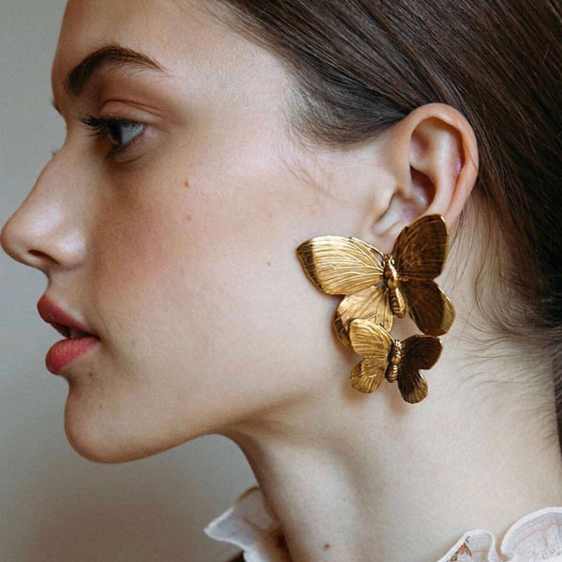 Metallic Double Butterfly Earrings - Gold