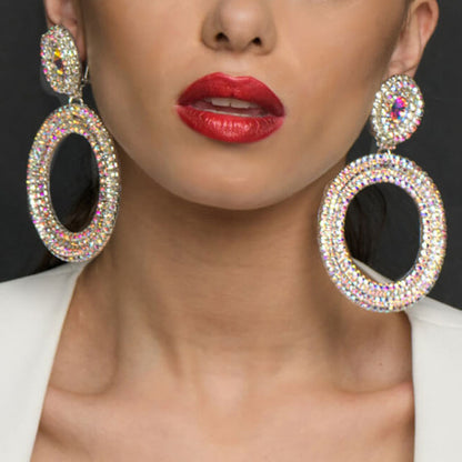 Iridescent Gem Crystal Hoop Dangle Earrings Silver