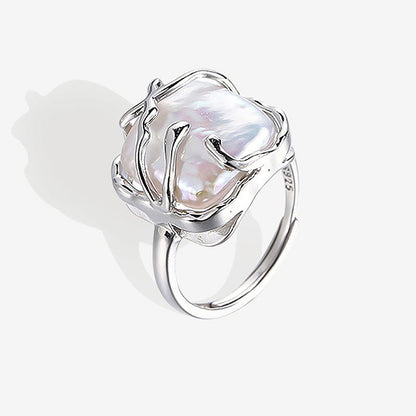 Rhodium Plated Sterling Silver Iridescent Square Baroque Pearl Ring