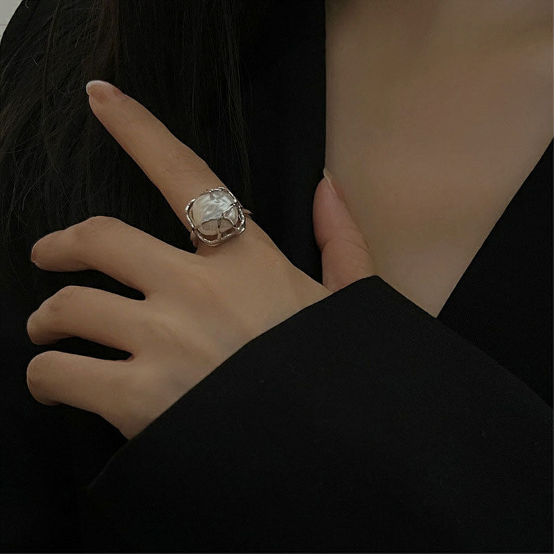 Rhodium Plated Sterling Silver Iridescent Square Baroque Pearl Ring