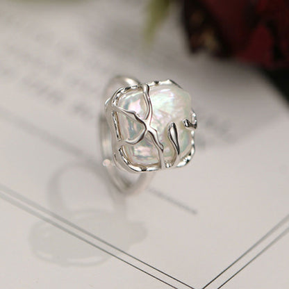 Rhodium Plated Sterling Silver Iridescent Square Baroque Pearl Ring