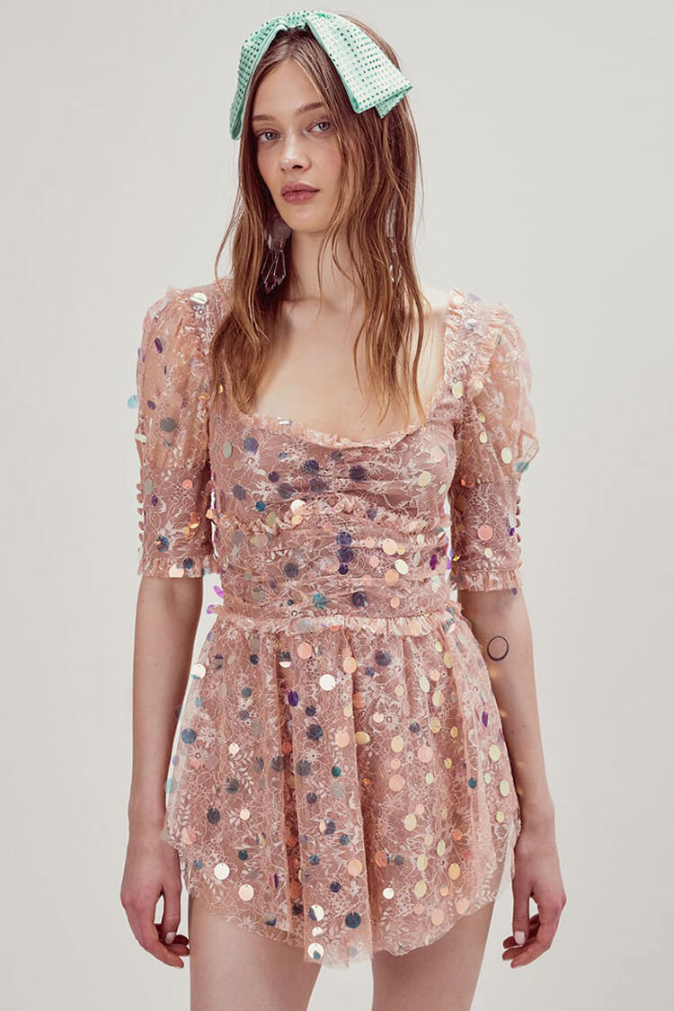Square Neck Lace Puff Sleeve Iridescent Sequin Ruffle Hem Mini Dress