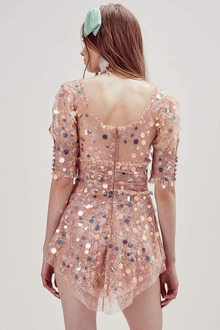 Square Neck Lace Puff Sleeve Iridescent Sequin Ruffle Hem Mini Dress