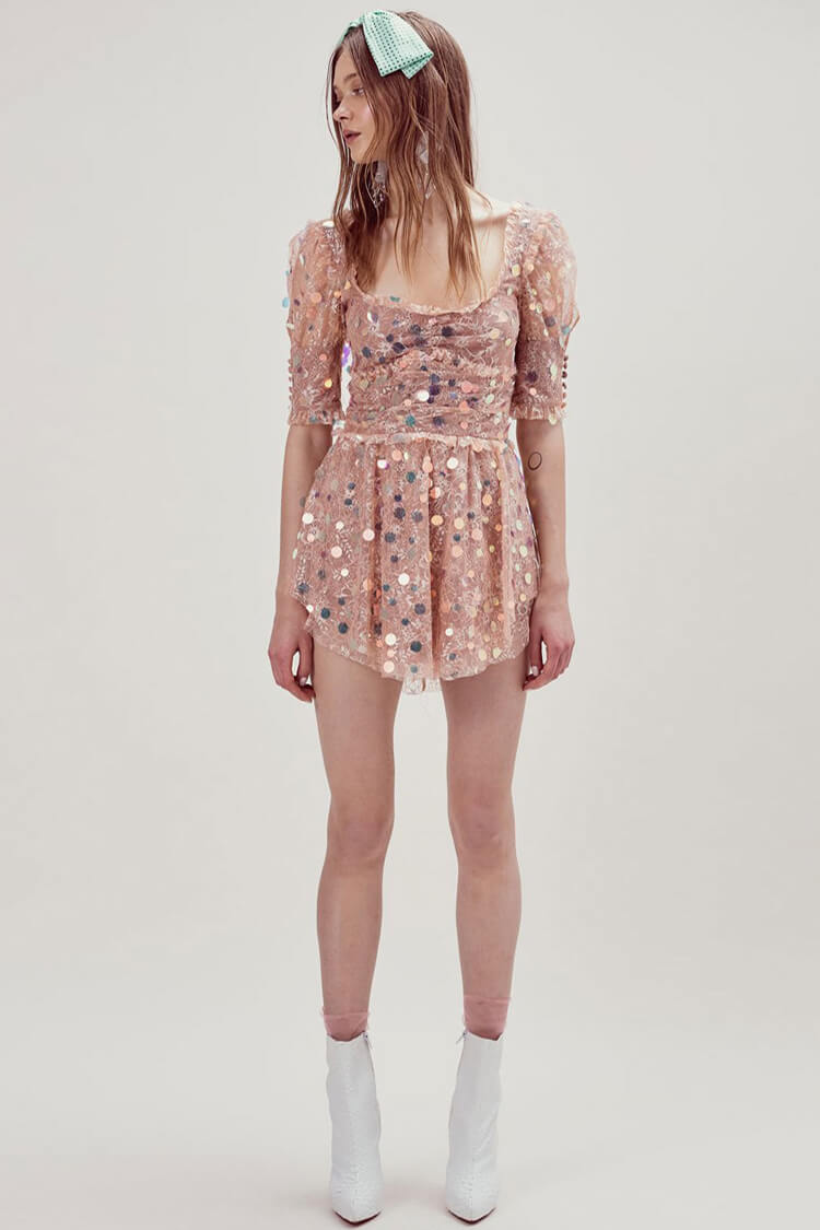 Square Neck Lace Puff Sleeve Iridescent Sequin Ruffle Hem Mini Dress
