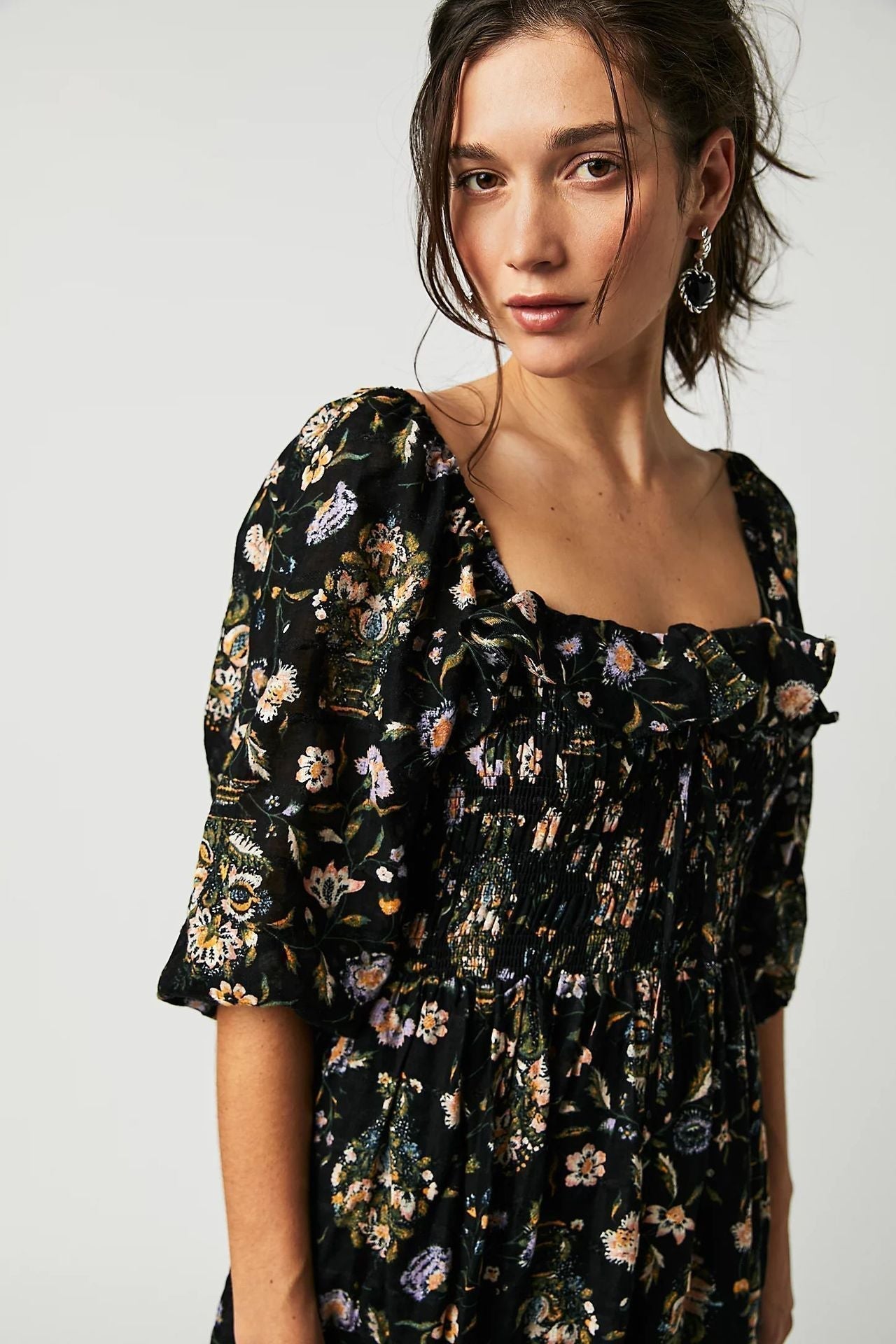 Floral Print Strapless Smocked Ruffle Neck Maxi Dress