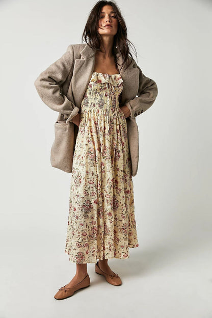 Floral Print Strapless Smocked Ruffle Neck Maxi Dress