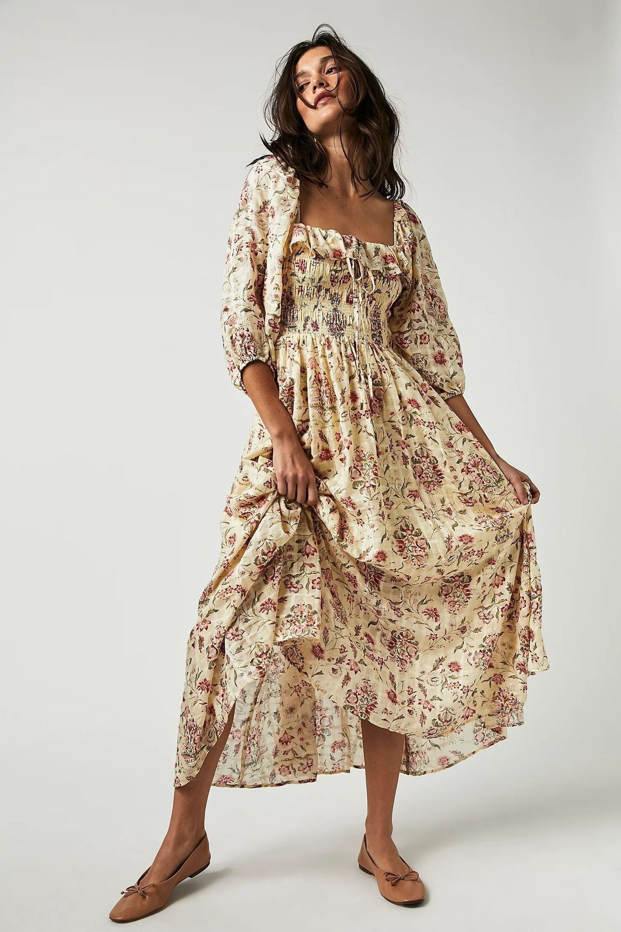 Floral Print Strapless Smocked Ruffle Neck Maxi Dress