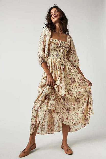 Floral Print Strapless Smocked Ruffle Neck Maxi Dress