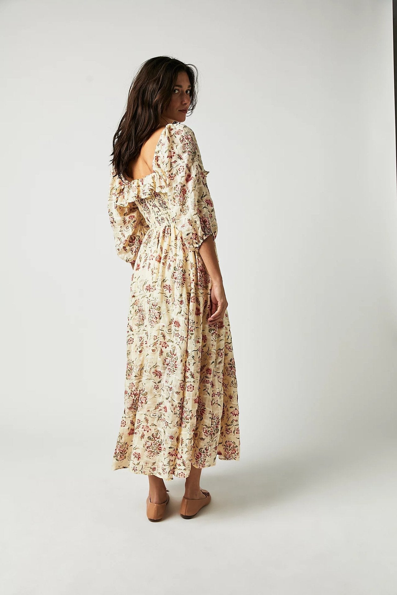 Floral Print Strapless Smocked Ruffle Neck Maxi Dress