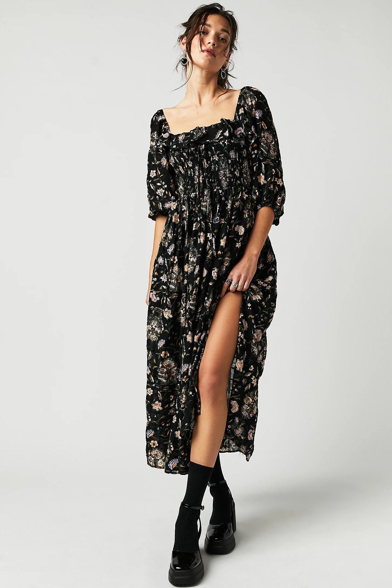 Floral Print Strapless Smocked Ruffle Neck Maxi Dress