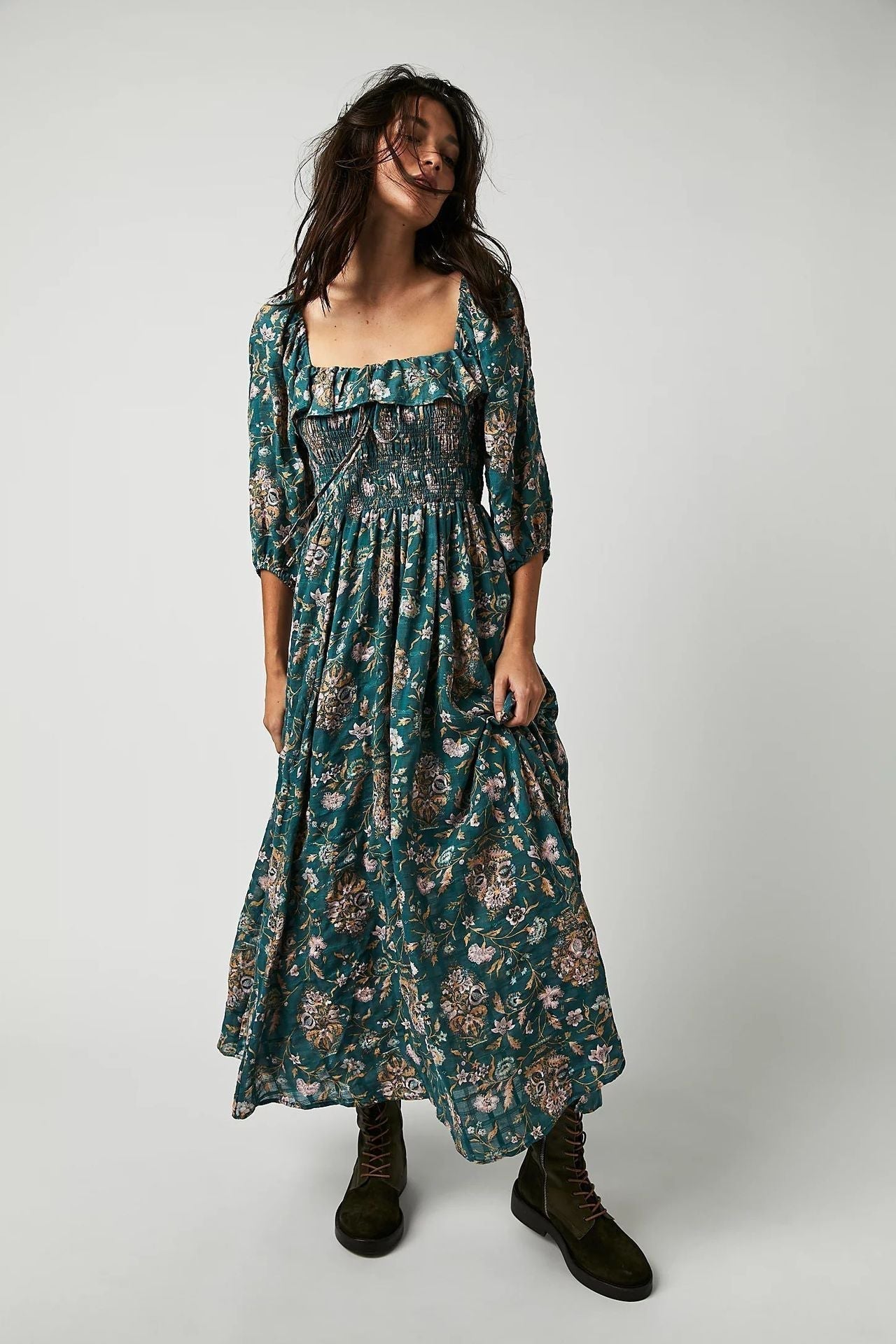 Floral Print Strapless Smocked Ruffle Neck Maxi Dress